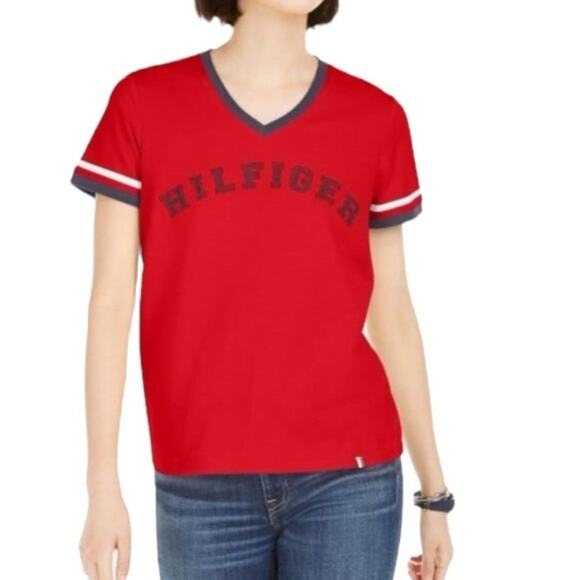 Tommy Hilfiger Sport Vintage Red Ringer V-Neck T-Shirt Size Medium Relaxed Fit - Picture 1 of 11